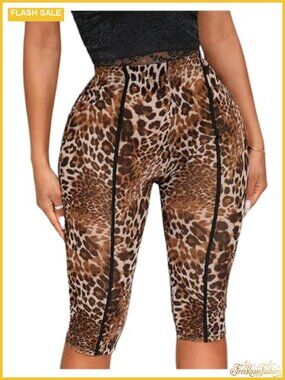 Sheer Mesh Leopard Capri Leggings High Waist 3/4 Yoga Workout Pants
